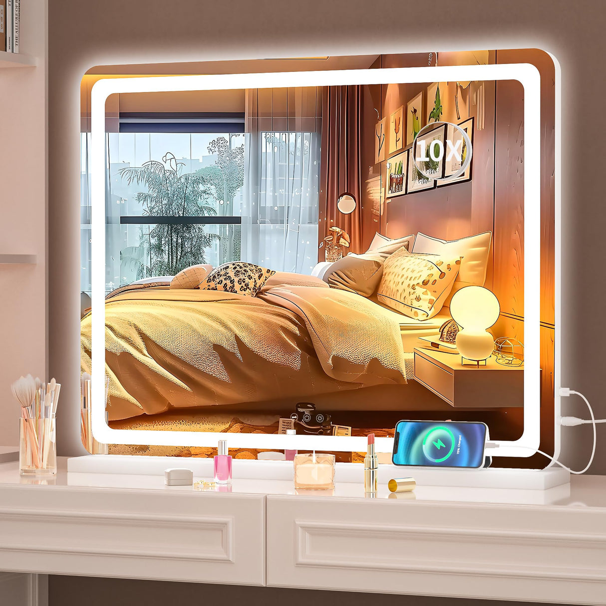 Hasipu Vanity Mirror with Lights, 23" x 18" LED Makeup Mirror, Lighted Makeup Mirror with Dimmable 3 Modes, Touch Screen Control Vanity Mirror Round White
