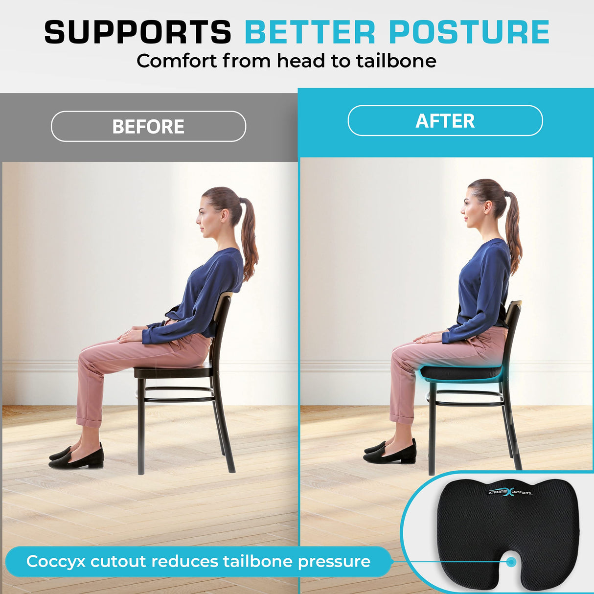 Xtreme Comforts Seat Cushion, Office Chair Cushions - Pack of 1 Padded Foam Cushion w/Handle for Desk, Wheelchair & Car Use - Back Support Pillow for Chair - Travel Bag Included