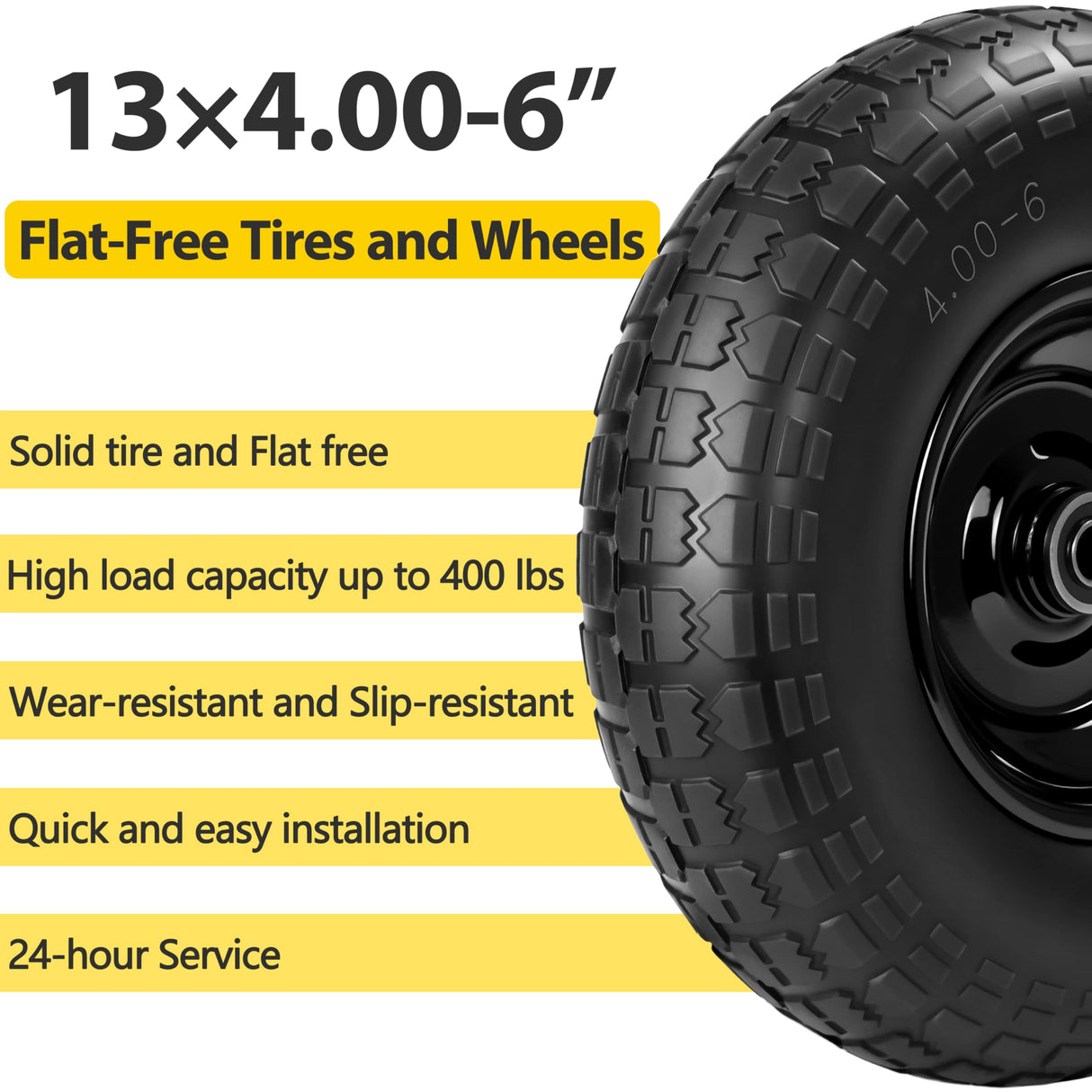 4Pc,13x4.0-6 Flat Free Tire and Wheel Replacement for Gorilla Cart,5/8"Axle