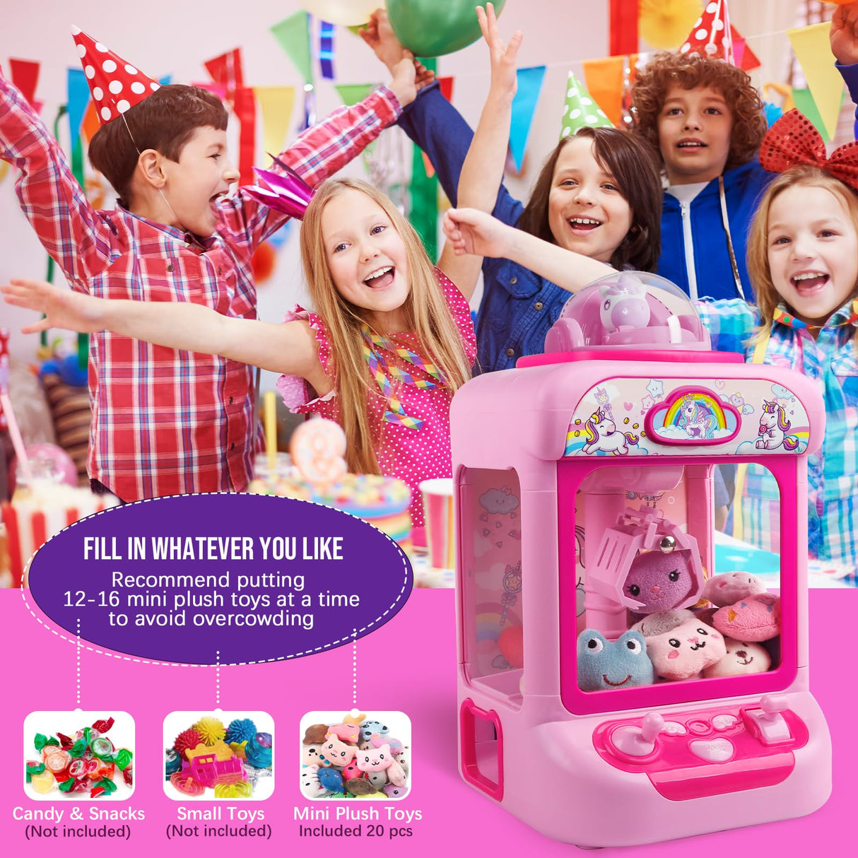 TingingYuli Claw Machine for Kids,Unicorn Mini Vending Machines Candy Grabber Prize Dispenser Toys for Girls,Electronic Arcade Game with 20 Mini Plush Toys for Christmas Easter Birthday Gifts