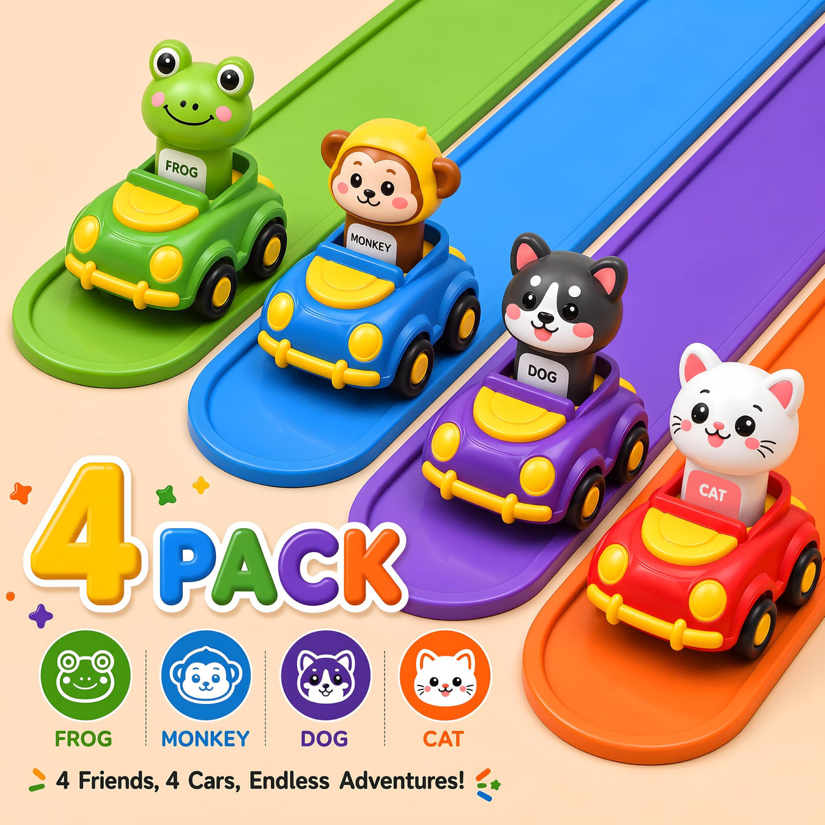 Press to Go Cars for Toddlers 1-3, 4-Pack Animal Toys for 1 Year Old Boy