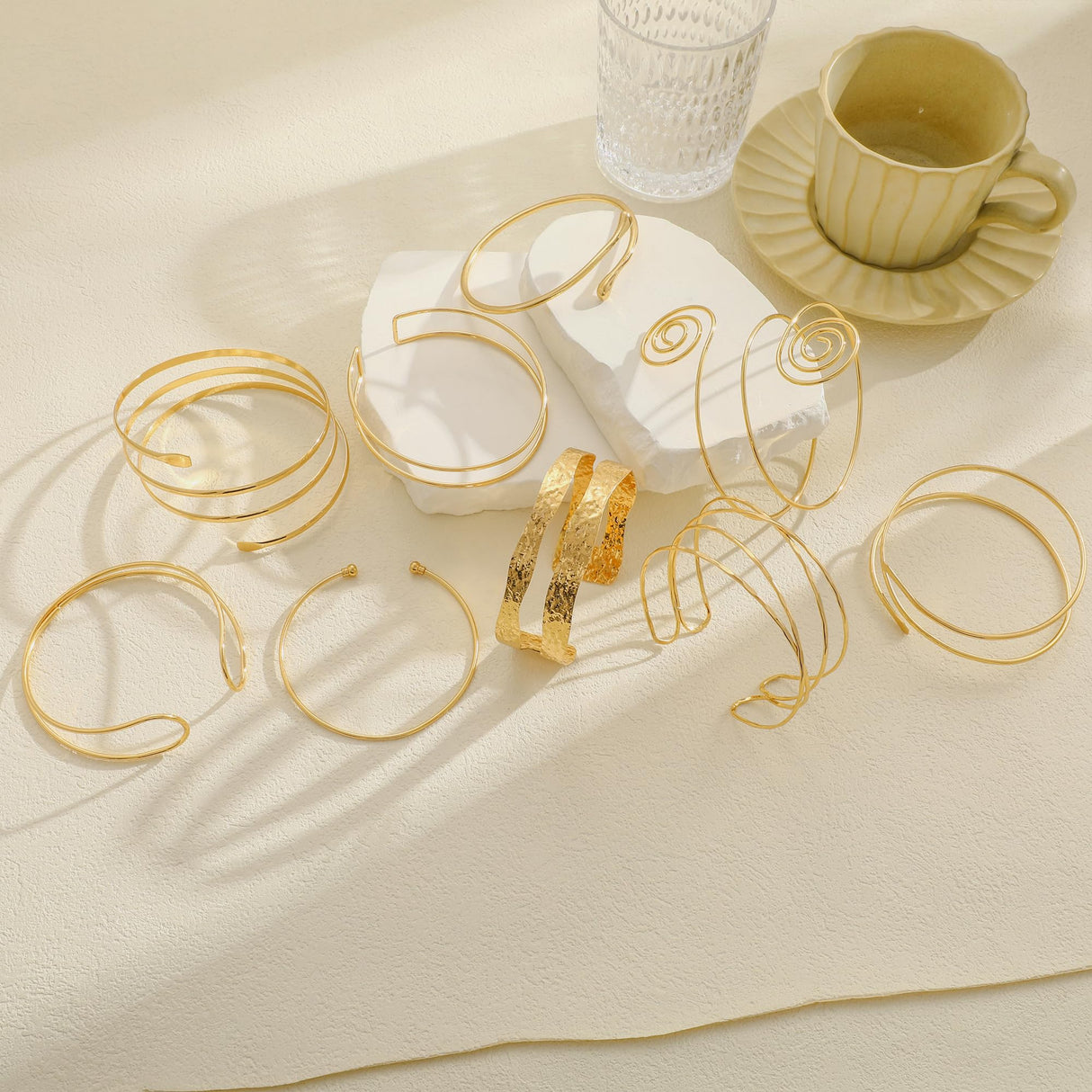17KM 9PCS Gold Arm Cuff Bracelets for Women, Boho Statement Gold Upper Arm Bangle Band Armlet, Open Adjustable Cuff Bracelet set Stackable Jewelry