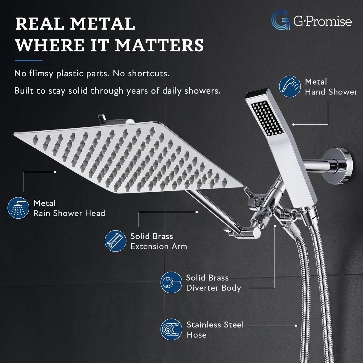 G-Promise All Metal 8 Inch Dual Square Shower Head with Handheld Spray Combo, Rain Shower Head, Adjustable Extension Arm, Smooth 3-Way Diverter, 71 Inch Extra Long Hose - A Bathroom Upgrade (Chrome)