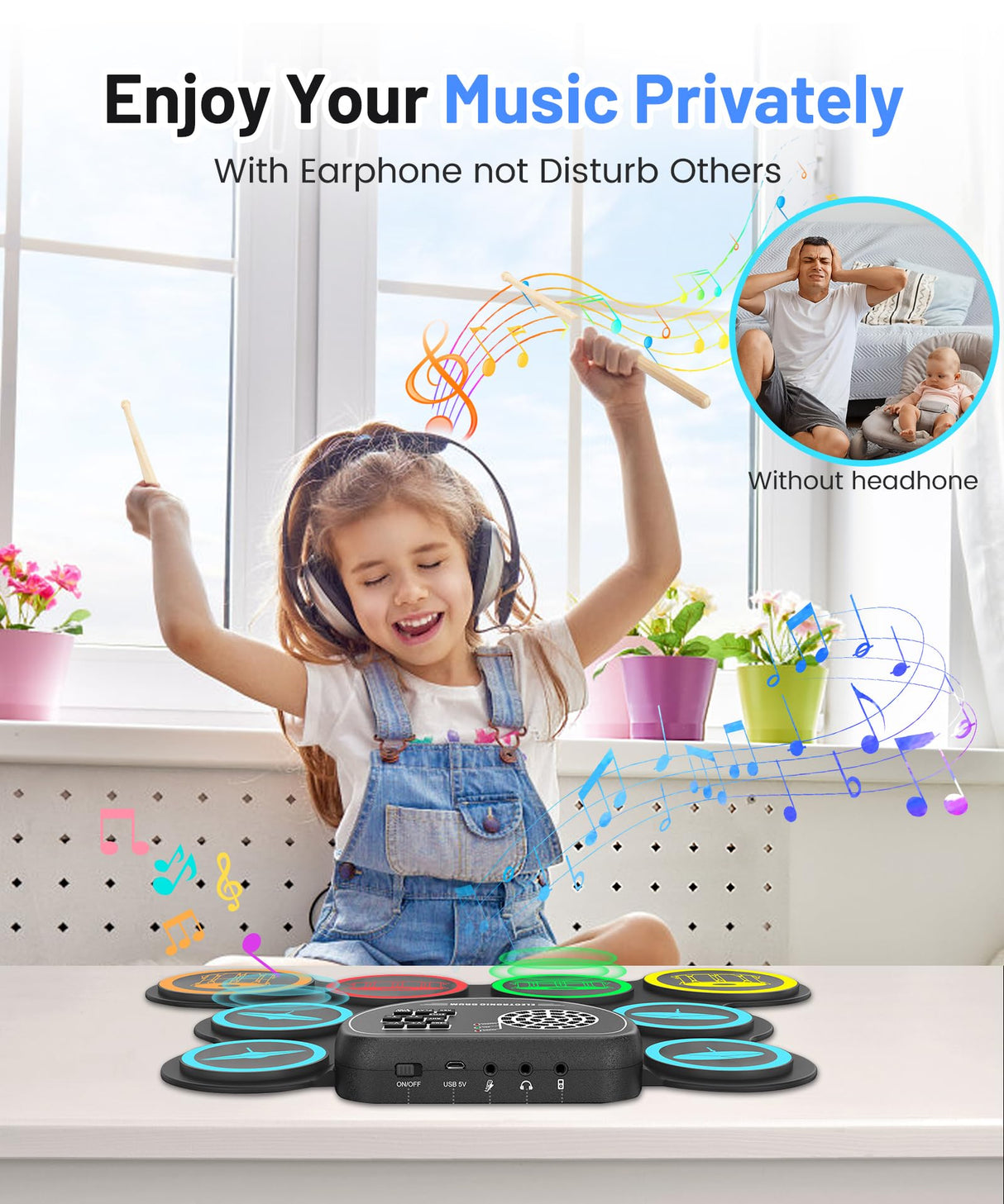 Sboet Electronic Drum Set, 9-Drum Practice Pad with Headphone Jack, Roll-up Drum Kit Machine with Built-in Speaker Drum Pedals and Sticks 10 Hours Playtime, Great Christmas for Kids