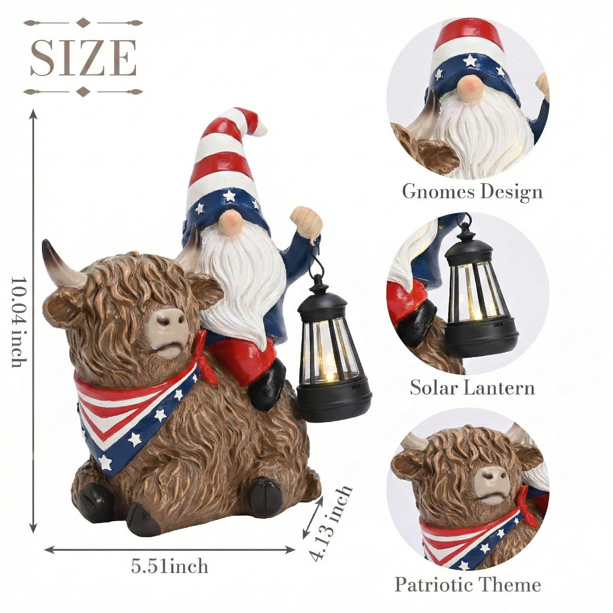 TERESA'S COLLECTIONS 4th of July Highland Cow Gnome Decorations with Solar Lantern, Memorial Day Resin Garden Yak Figurine for Home, Patriotic Independence Day USA 250th Anniversary Outdoor Decor 10"
