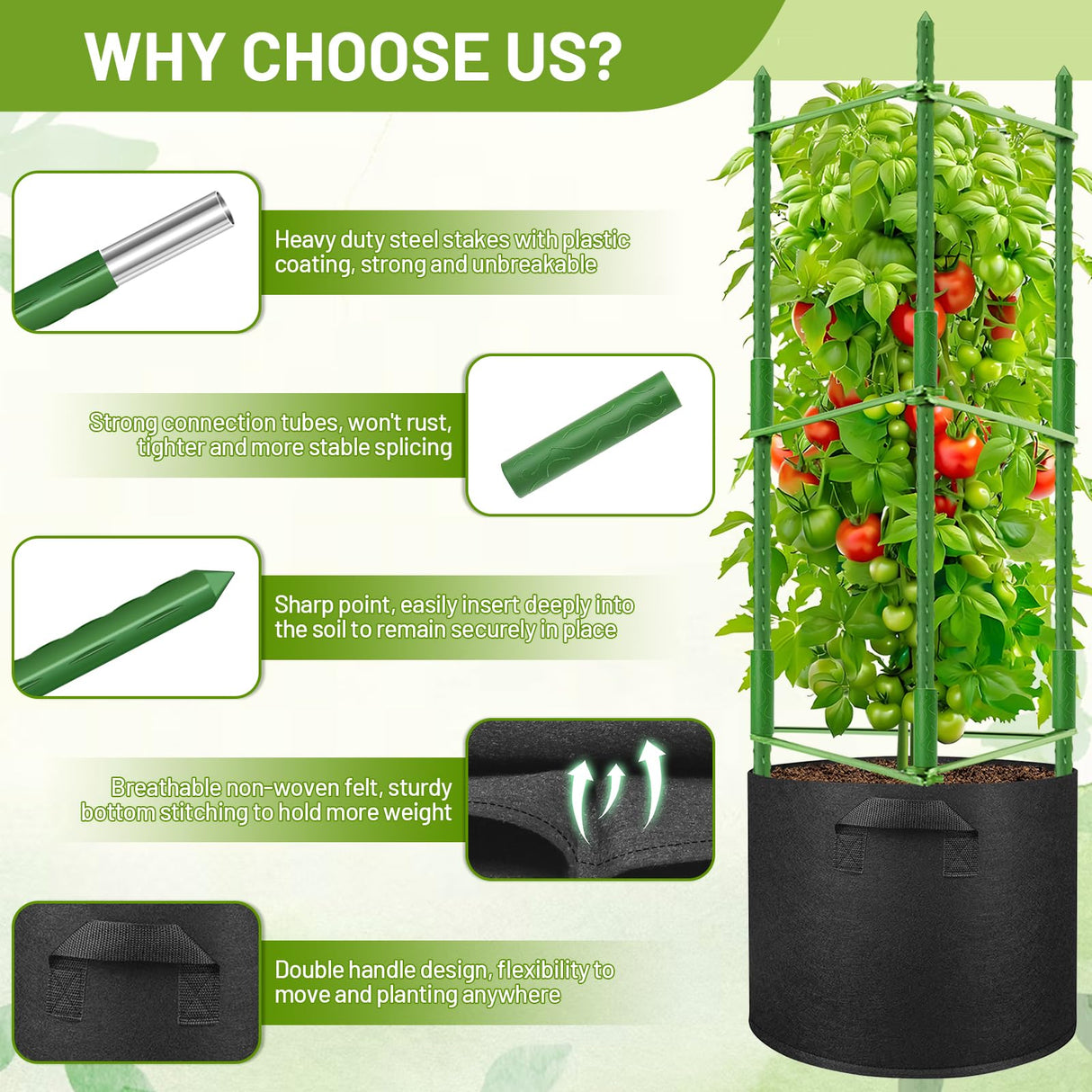 Legigo 2 Pack Tomato Cages with 10 Gallon Grow Bags- 48inch Tomato Trellis Plant Support Stakes Planter, Tomato Plant Cages Garden Trellis for Vertical Climbing Plants Vegetables Flowers Fruits