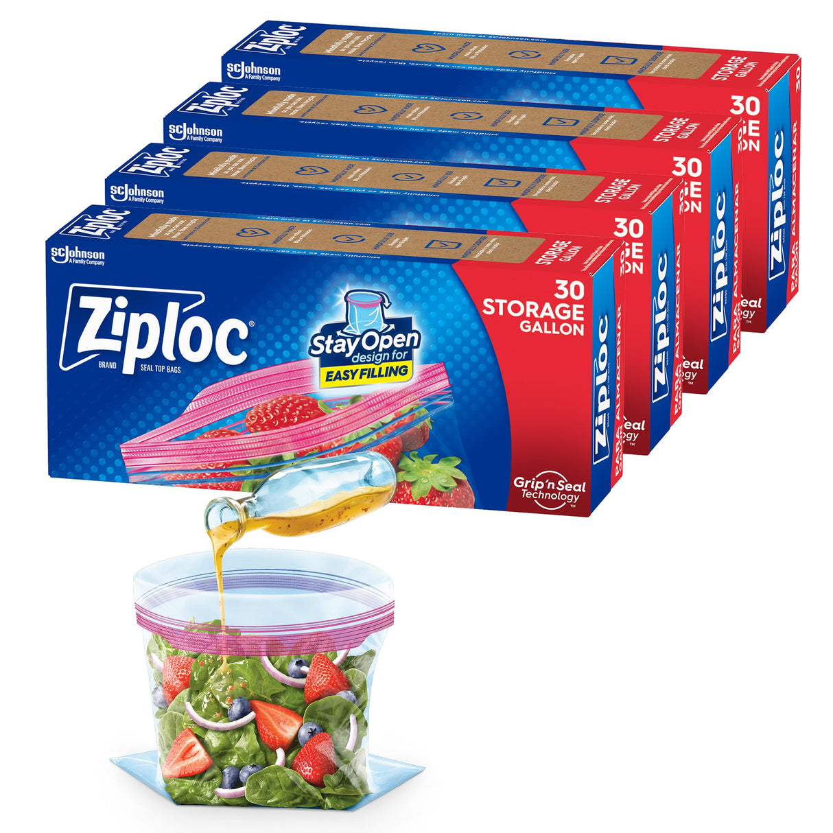 Ziploc Gallon Food Storage Bags, New Stay Open Design with Stand-Up Bottom, Easy to Fill, 30 Count (Pack of 4)
