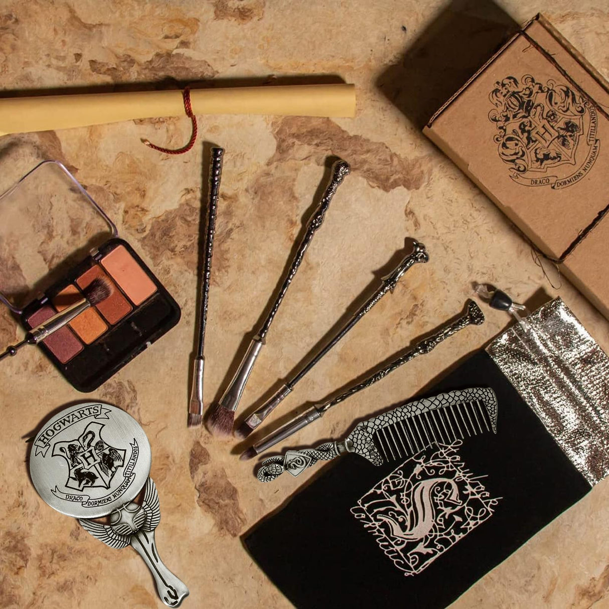 Harry Makeup Brushes Gifts Set for Women, Potter Makeup Brushes with Mirror & Comb, Christmas Birthday Gifts for Kids, Silver