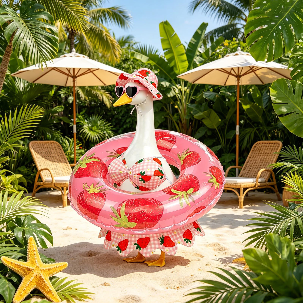 Lixintray Hawaiian Porch Goose Outfits Summer Bikini Goose Outfit with Sunglasses & Swim Ring, Strawberry Goose Costume Fits 23 Inch Cement Yard Plastic Statues, Outdoor Garden Patio Decor
