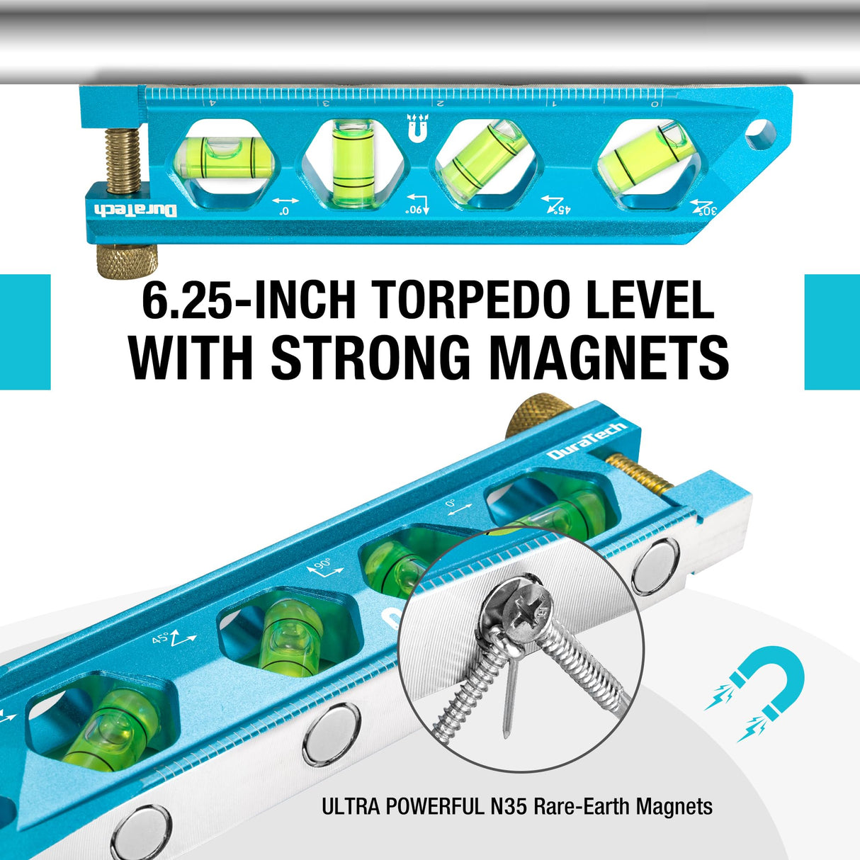 DURATECH 6.25-Inch Level, Magnetic Torpedo Level with 0°/30°/45°/90° Bubbles, V-Groove, Large Viewing Window, Aluminum Alloy Body, Hanging Hole, SAE and Metric Scale for DIY Projects and Household Use