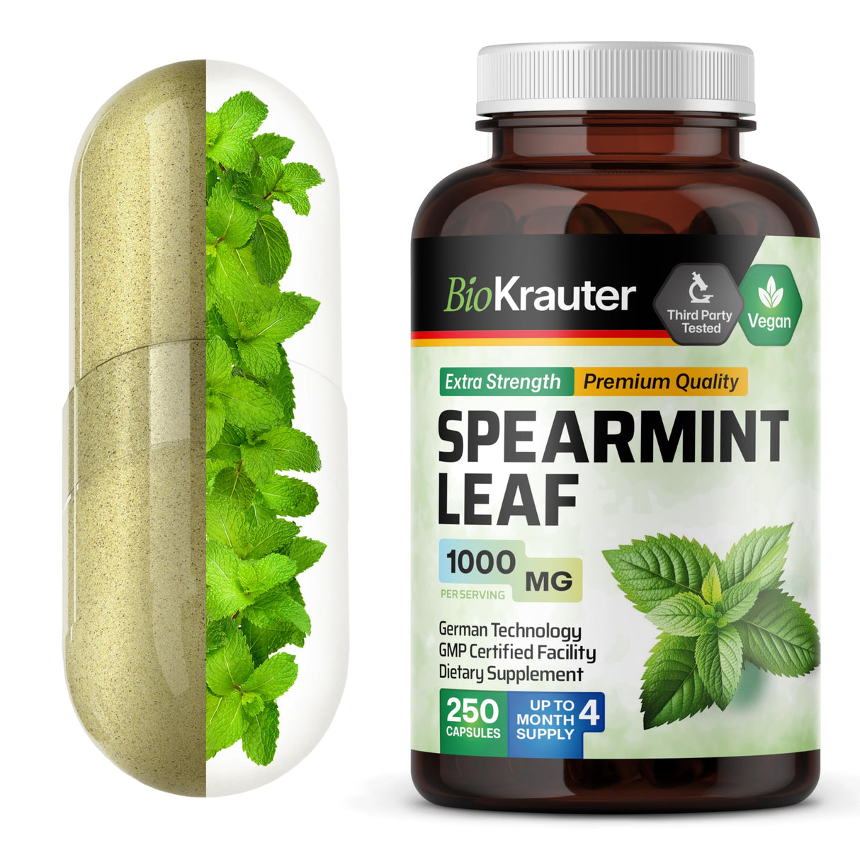 BIO KRAUTER Spearmint Capsules 1000 mg - 250 Count - Vegan Spearmint Supplement for Digestive & Respiratory Support - Mentha Spicata - No Fillers