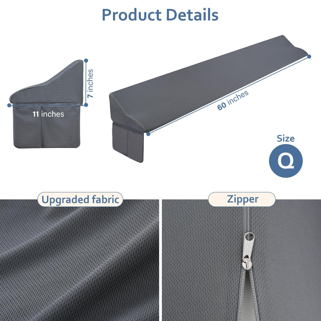 Vekkia Queen Bed Wedge Pillow for Headboard Gap Filler(0-7"),High-Density Foam,Prevents Pillows & Items from Falling,Ergonomic Design,Large Storage Pockets, Removable&Washable Cover,Gray,60''x7''x11''