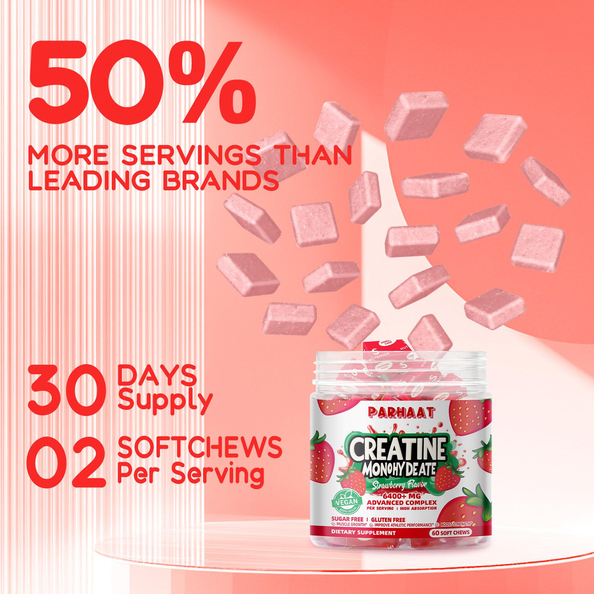 Creatine Monohydrate Chews Complex 6400mg for Men & Women -Advanced Formula W/L-Taurine + Vitamin B12, Sugar Free Chewable Supplement,60 Strawberry Softchews