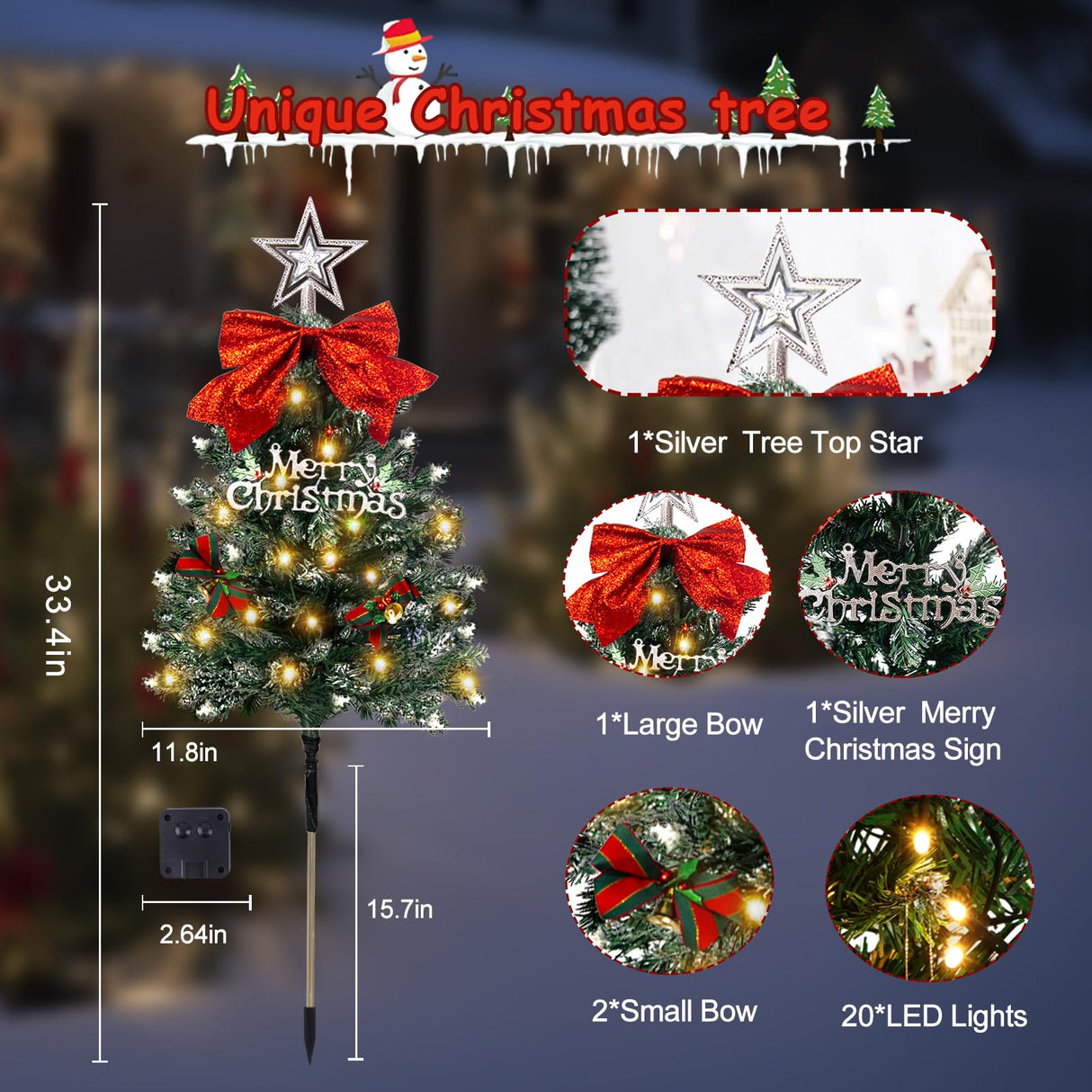 4 Pack Christmas Tree Solar Pathway Lights Outdoor Decorations, Waterproof Artificial Mini Xmas Tree Stake Lights with DIY Ornamets for Garden Yard Porch Decor (Snowy Tree)