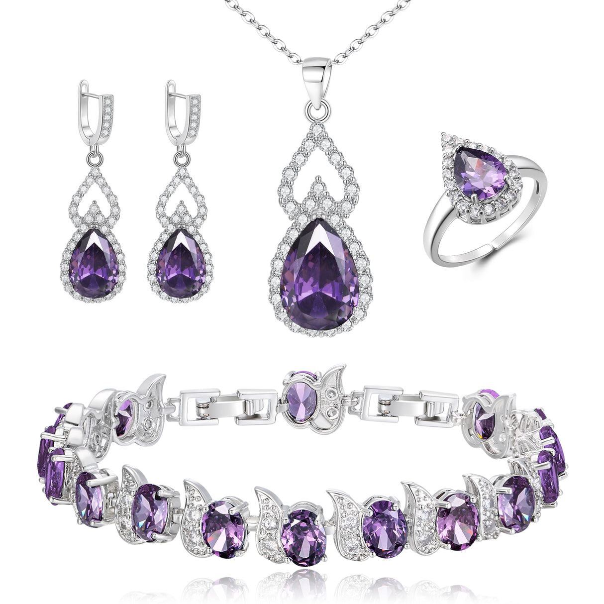 BriLove Wedding Jewelry Set for Women Bride Bridesmaid, Gorgeous Cubic Zirconia Teardrop Necklace Earrings Bracelet Adjustable Ring Set Gift for Birthday/Anniversary Purple Silver-Tone