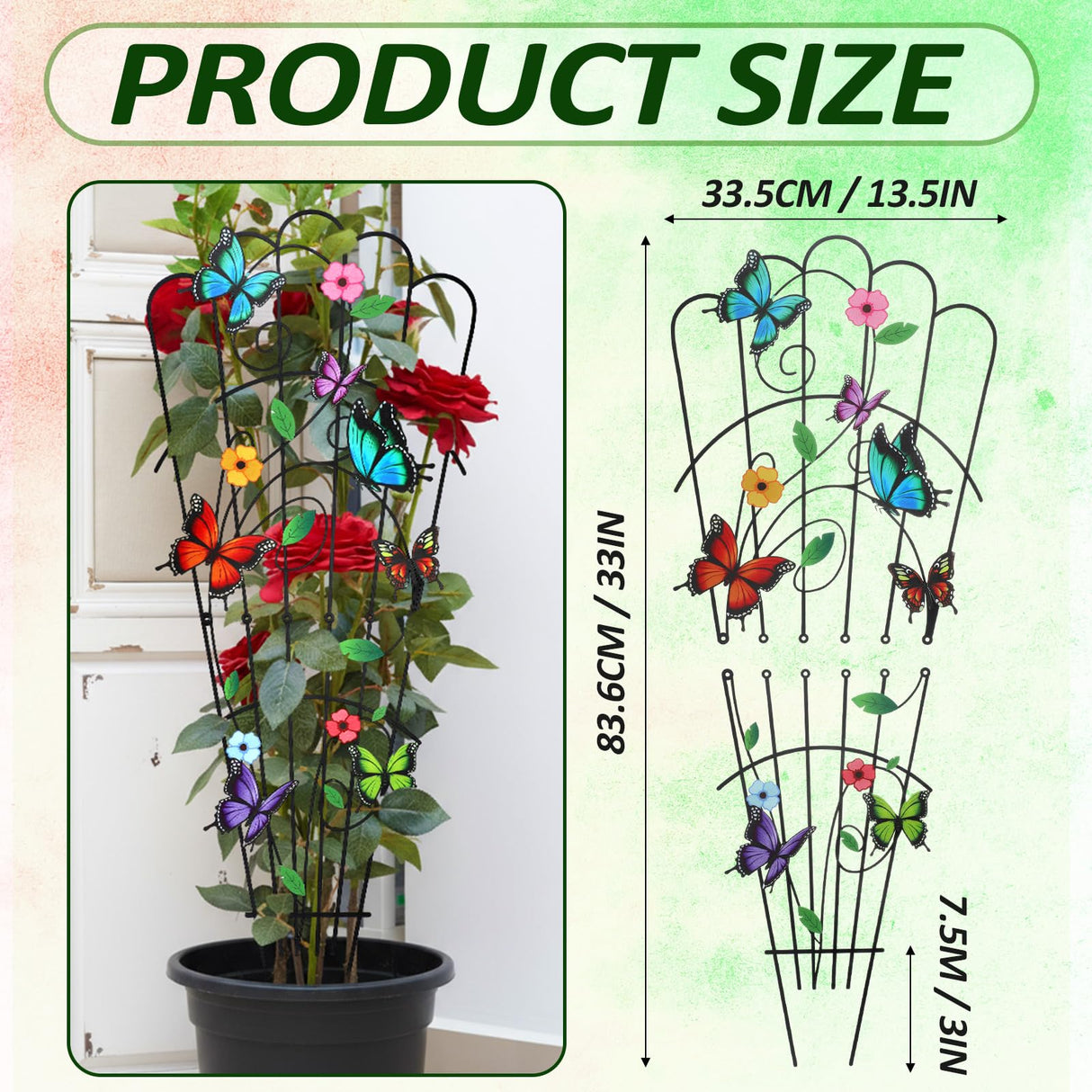 LEIFIDE 2 Pcs Butterfly Trellis for Climbing Plants Indoor 33in Small Climbing Outdoor Plant Potted Supports Expandable Metal Heavy-duty Rustproof Trellis for Monstera Bamboo Pothos Pot Vegetable Rose