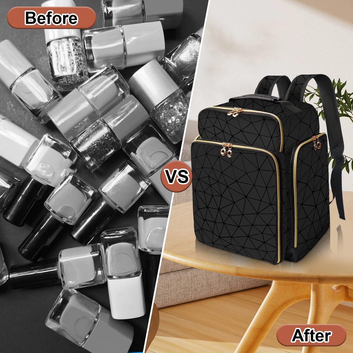 Ahzske Elegant Black Backpack Organizer, Holds 126 Nail Bottles, Extra Large Nail Kit Supplies Storage with 3 Removable Cases, PU Leather Organizer for Travel