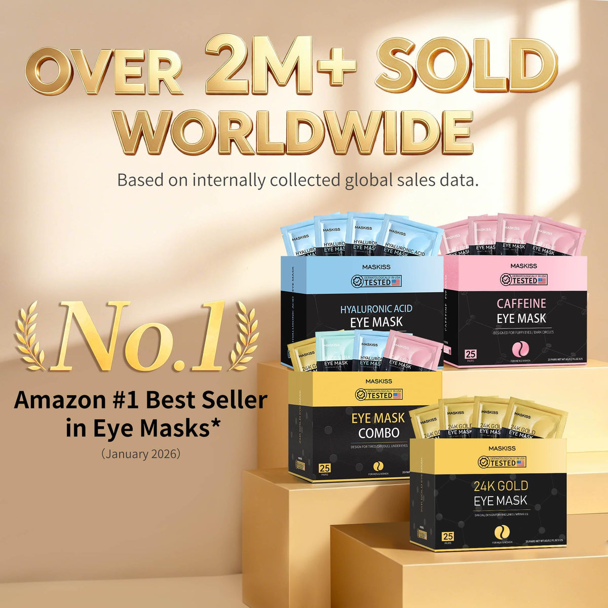 Maskiss 24k Gold Under Eye Patches (25 Pairs), eye mask, Collagen Skin Care Products, Eye Patches for Puffy Eyes, eye masks for dark circles and puffiness