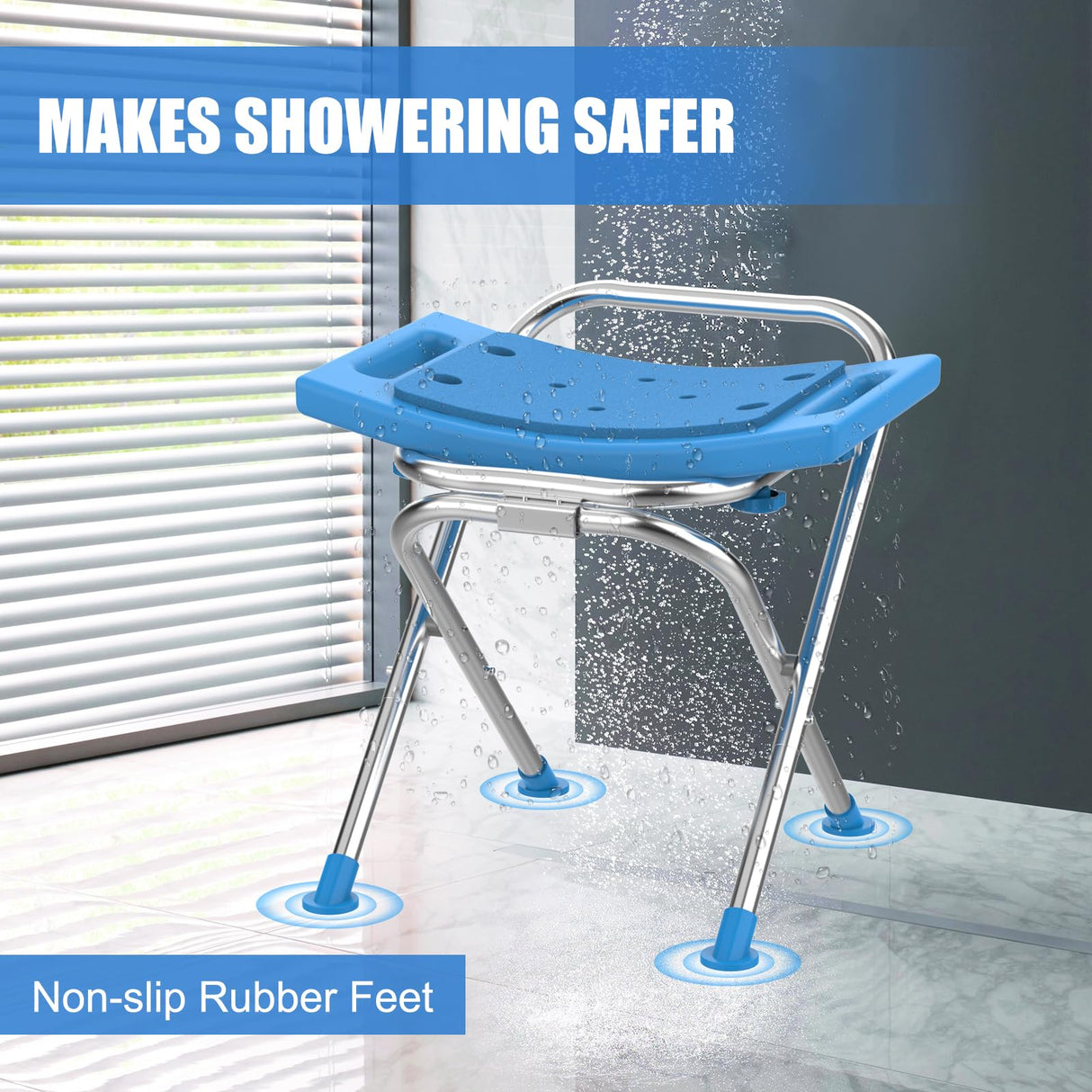 UGarden Folding Shower Chair Seat, 17.5" Stainless Steel Small Shower Chair for Inside Shower, 400lbs Portable Travel Shower Stool, Safety Anti-Slip Bath Chair for Seniors, Disabled, Blue