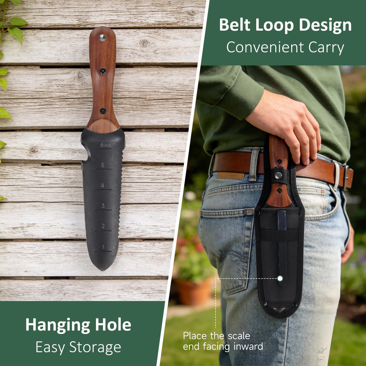 Griactrl Hori Hori Garden Knife with Measuring Scale, Heat-Treated Stainless Steel Blade, Ergonomic Wood Handle, Gardening Knife with Polyester Sheath for Weeding, Planting, Digging
