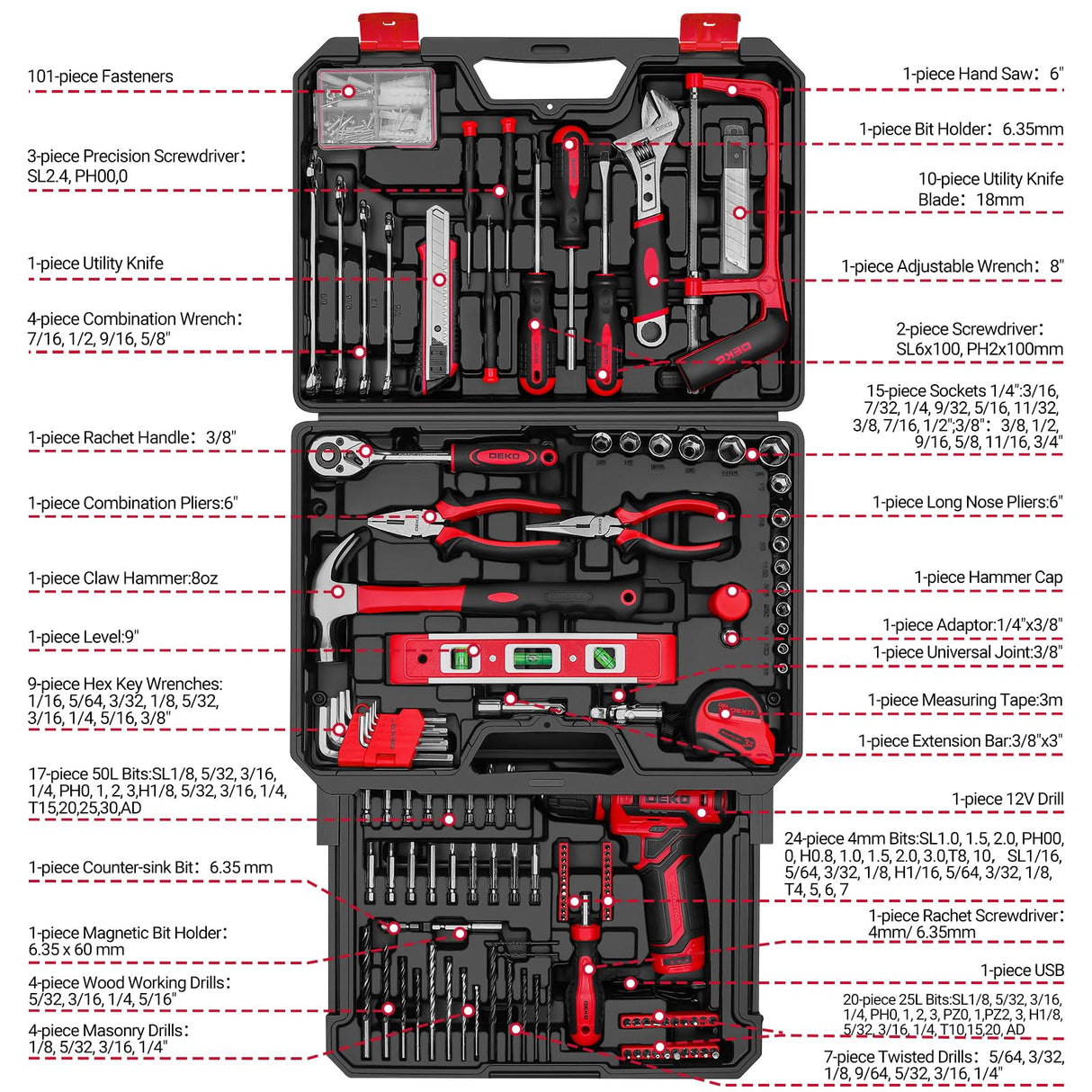 Drill Tool Set:Tool Kit with 12V Power Cordless Drill Hand Repair Tools Box with Drill, Home Tool Kits for Men & Women, Hand Drill Set Perfect for Homeowner, Diyer, Handyman - Red