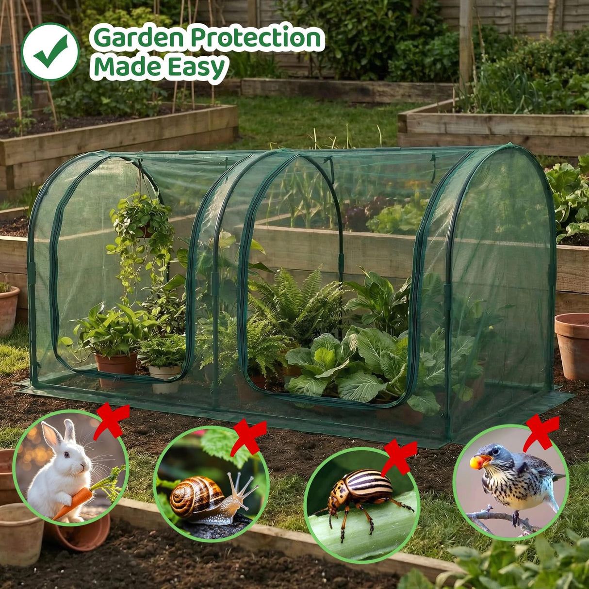 GreenGiggle Crop Cage for Garden,98"x49"x49" Tunnel Plant Netting Cover with Zipper,Garden Bed Cover for Protection for Vegetables Fruits,Garden Cage for Plant and Animal