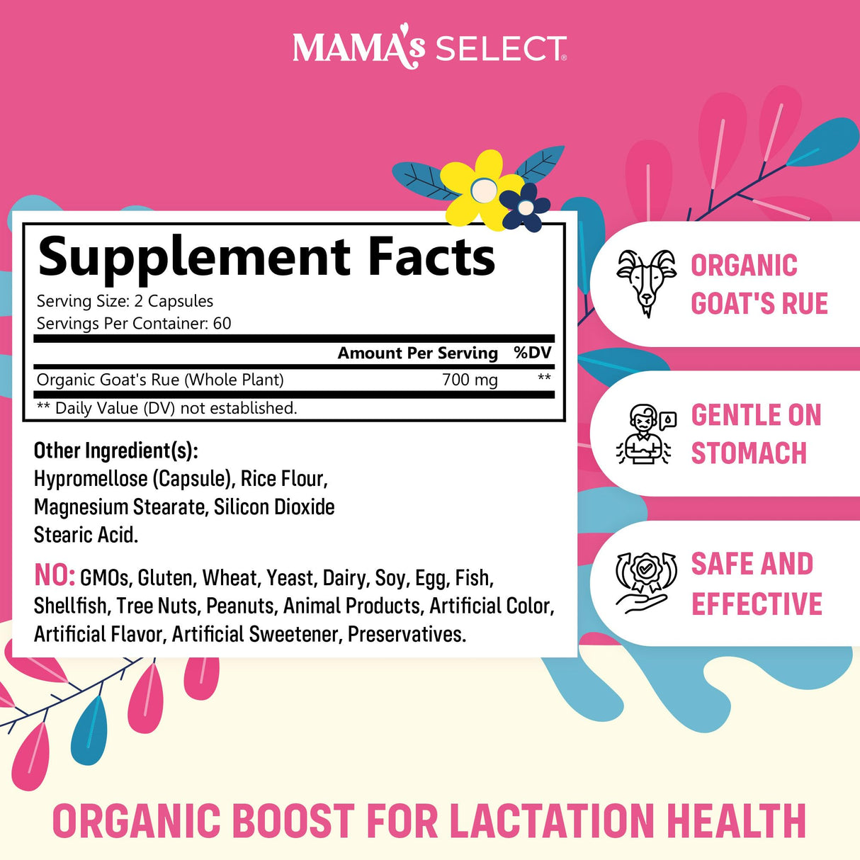 Mama's Select Organic Goat’s Rue Capsules for Breast Milk Production – Non-GMO, Vegan, Gluten- Free Lactation Support Supplement – Safe & Effective for Nursing Moms – Third-Party Tested