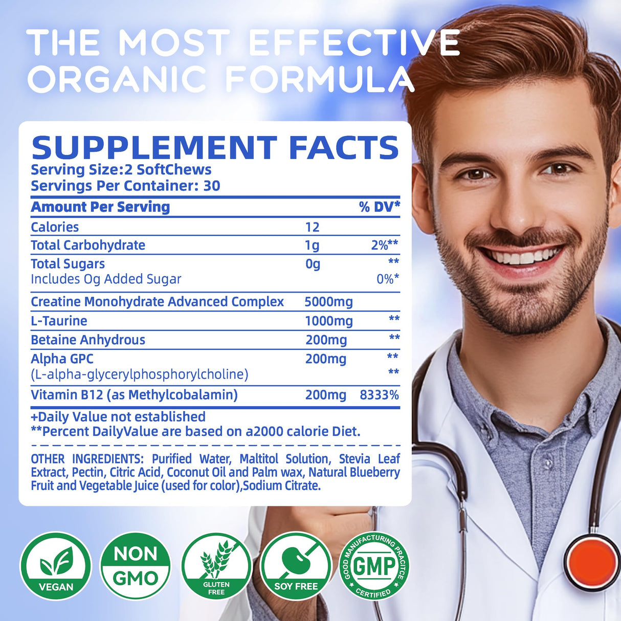 Creatine Monohydrate Chews Complex for Men & Women -Advanced Formula W/L-Taurine + Vitamin B12, Sugar Free Chewable Supplement,60 Blueberry Softchews