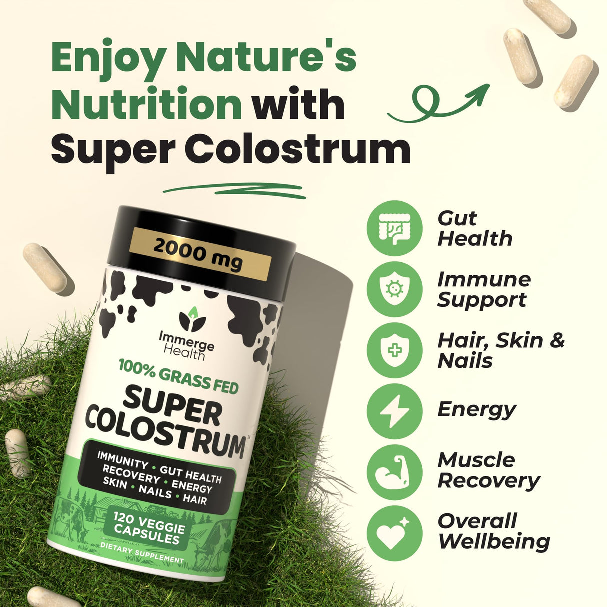 Super Colostrum Grass Fed Bovine Colostrum - 120 Capsules - Gut Health, Muscle Recovery, Energy, Hair, Skin & Immune Supplement | 50% IgG Cow Colostrum for Humans | Superfood, Gluten Free, Unflavored