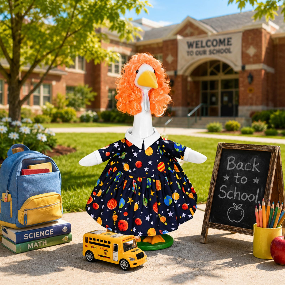 JcHrmers Back to School Porch Goose Outfits Teacher Goose Outfits Lawn Goose Clothes Fits 23" Cement Plastic Goose Statue for School Classroom Outdoor Garden Lawn Yard Patio Decor