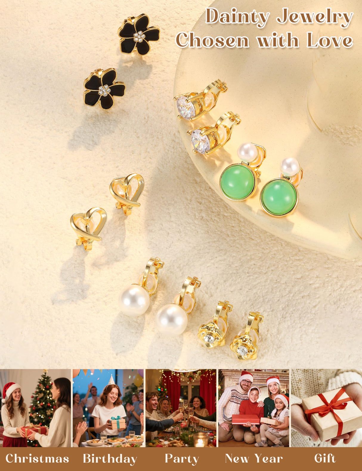 THUNARAZ 12 Pairs Gold Clip on Earrings for Women CZ Pearl Non Piercing