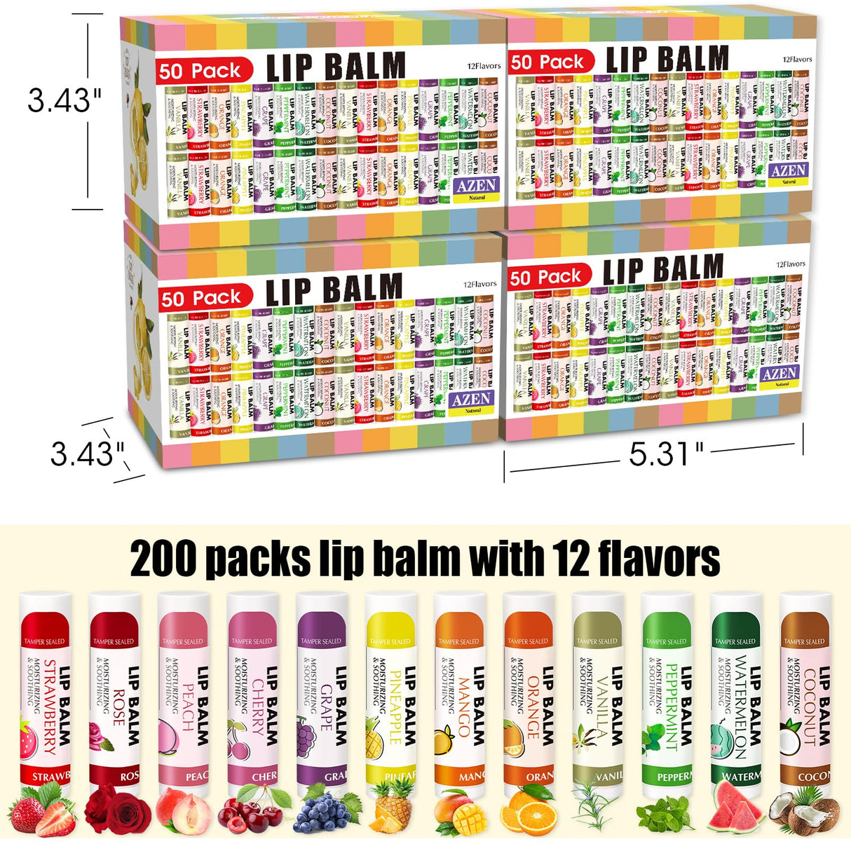 AZEN 200 Pack Lip Balm, Natural Lip Balm Bulk, Lip Care Product, Moisturizing Lip Balms for dry cracked lips - 12 Flavors