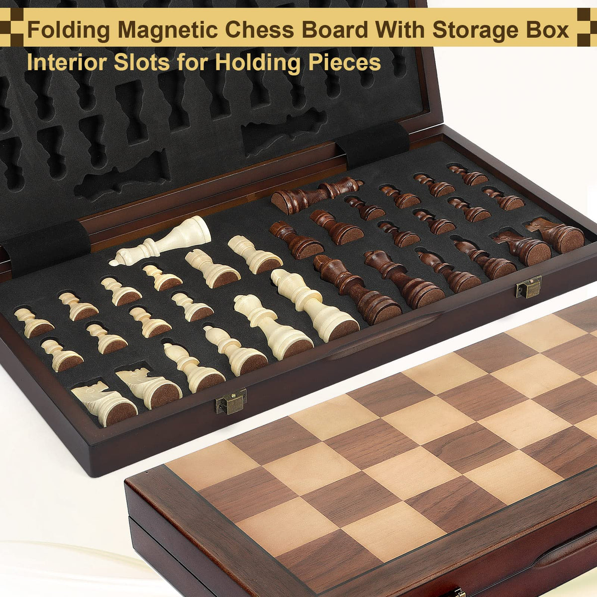 Magnetic Wooden Chess Set for Adults Kids 15'' Chess Board with Handmade Pieces, Folding Portable Travel Unique Chess Sets Game for Tournament Professional Beginner
