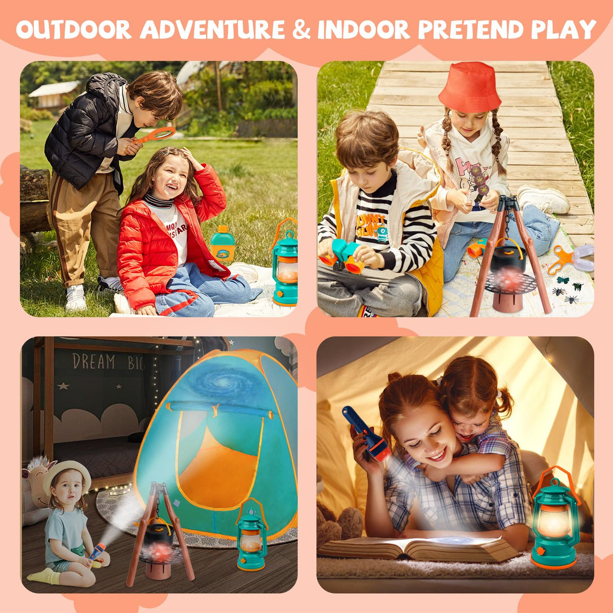 Qtioucp Kids Camping Set 50pcs with Tent & Space Projector Flashlight- Outdoor Campfire Toy Set for Toddlers Kids - Pretend Play Camp Gear Tools for Birthday Christmas