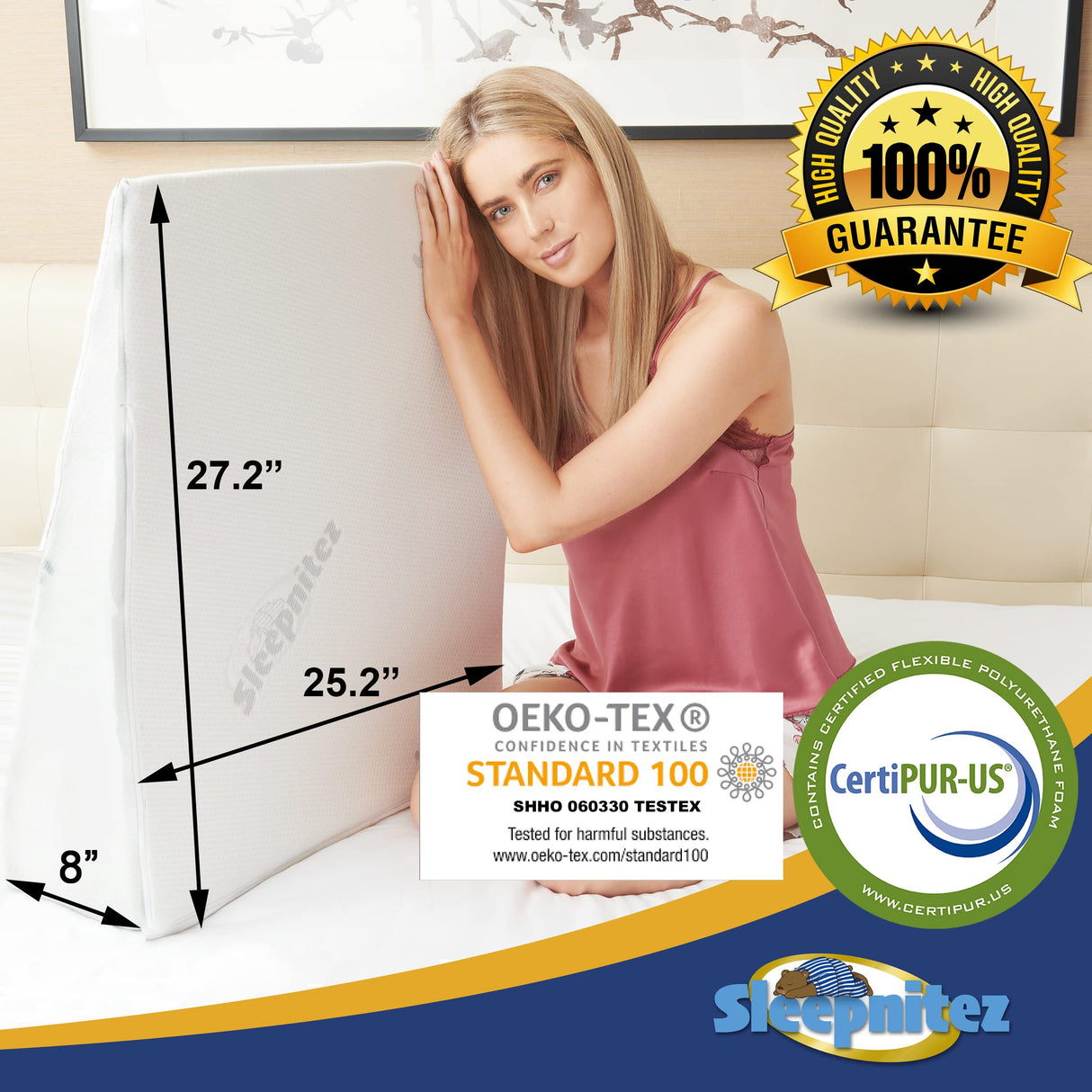 Sleepnitez FSA HSA Eligible 8" Bed Wedge Pillow – Memory Foam Wedge for Sleeping, Acid Reflux Pillow for Snoring, GERD, Pregnancy – Luxurious 3.25" Memory Foam Top Layer
