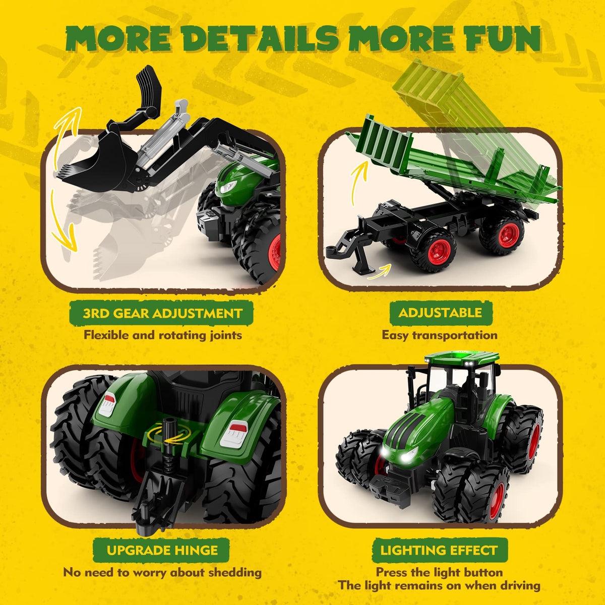 Uarzt Remote Control Tractor Toy with Trailer | Metal Front & Front Loader Farm Vehicle Set with Lights & 8-Wheel Design, RC Tractor Truck for Boys Ages 3-9, Fun Farm Toy Gift for Kids