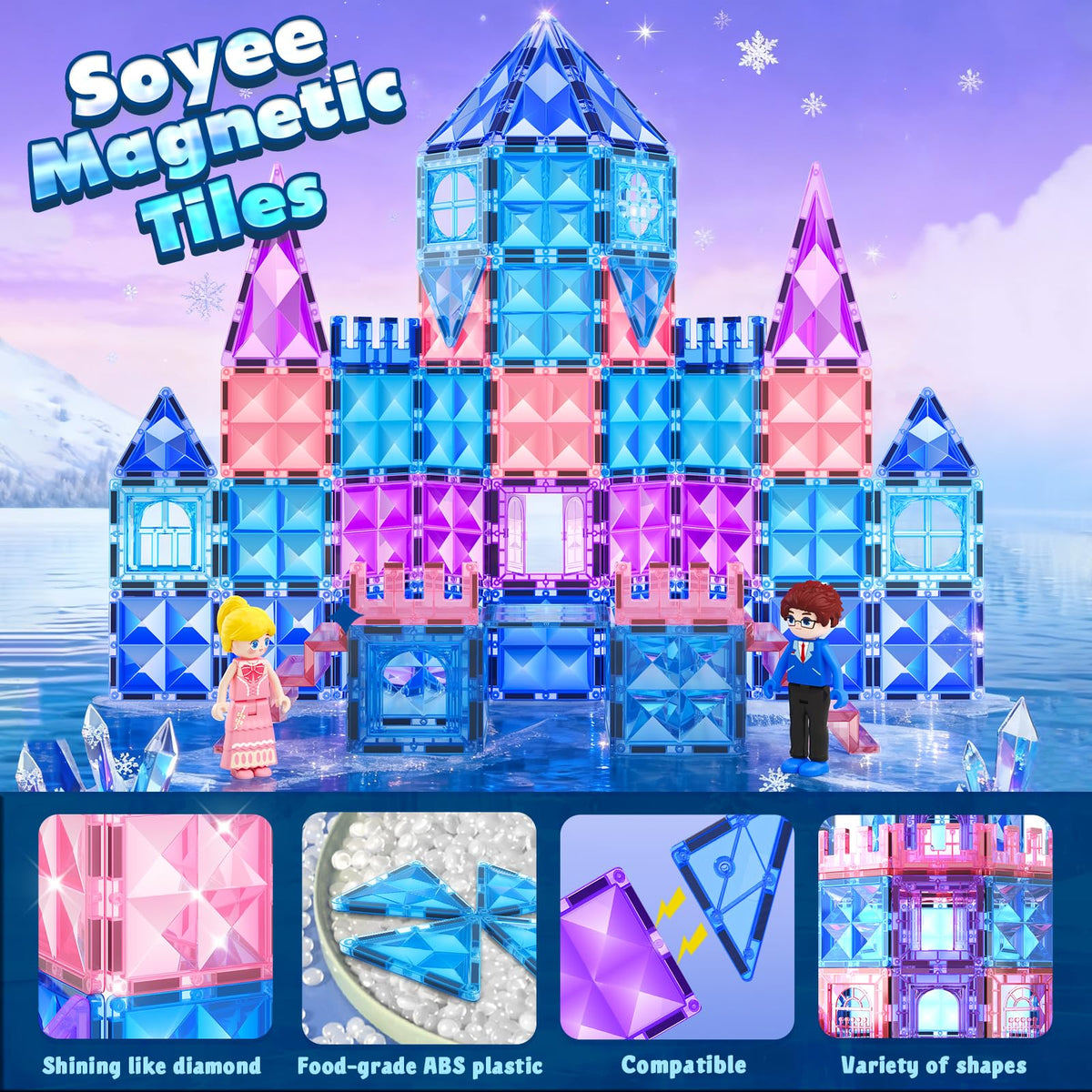 Magnetic Tiles 102pcs with 2 Stairs 2 Dolls Princess Castle Building Toys