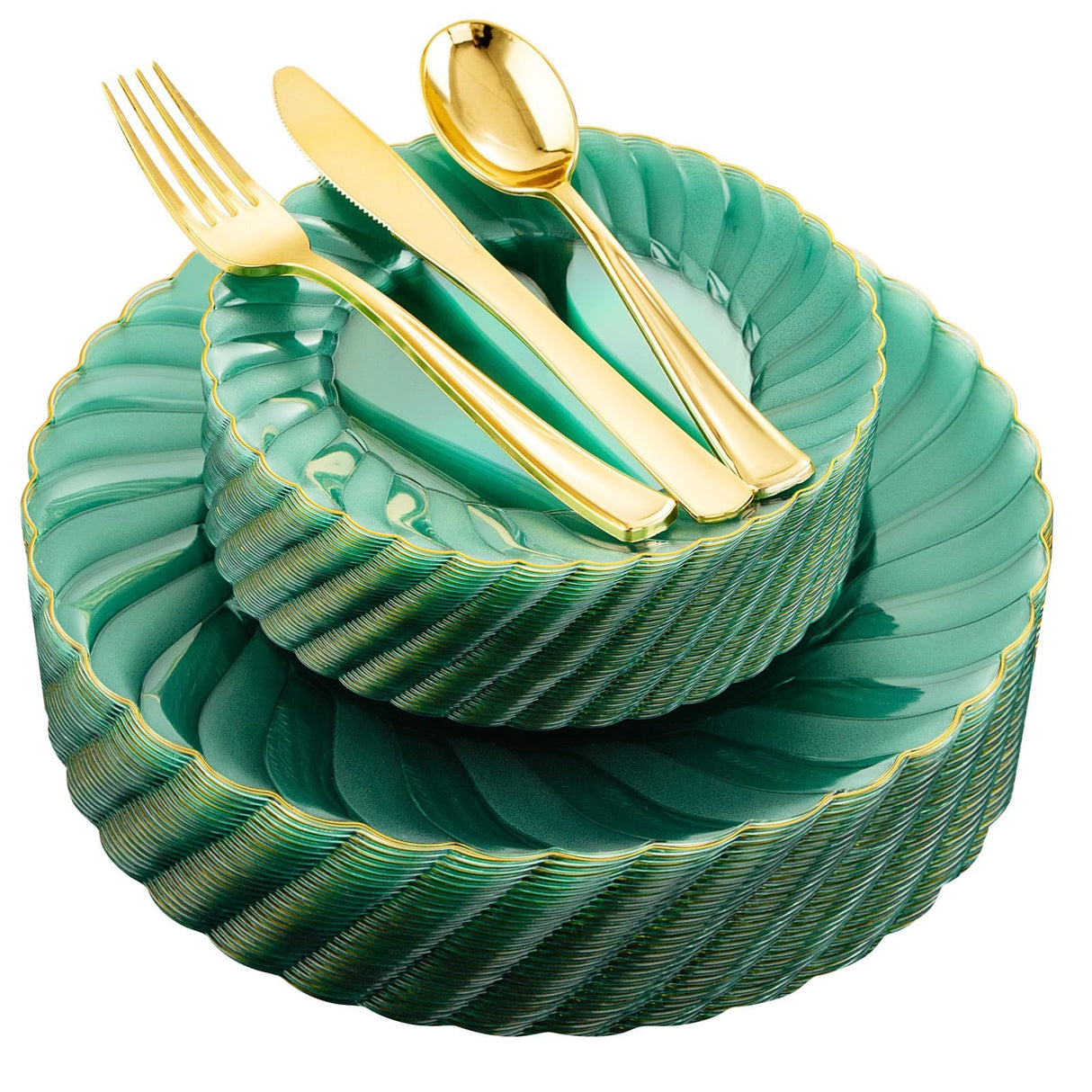 YOUBET 125PCS Clear Green Plastic Plates with Gold Rim - Green and Gold Plastic Plates Include 25 Dinner Plate 25 Dessert Plate 75 Disposable Silverwares for Wedding & Party & Christmas