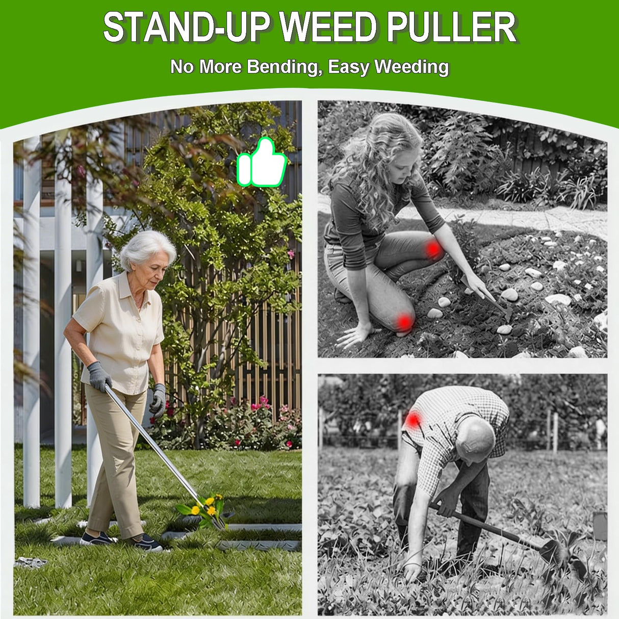 HWLANTU Stand Up Weed Puller Tool with 58" Adjustable Long Handle, 2 in 1 Heavy Duty Manual Weeder & Garden Hoe, 4-Claw Steel Head Weed Remover with Gloves for Yard Lawn Patio Flower Bed