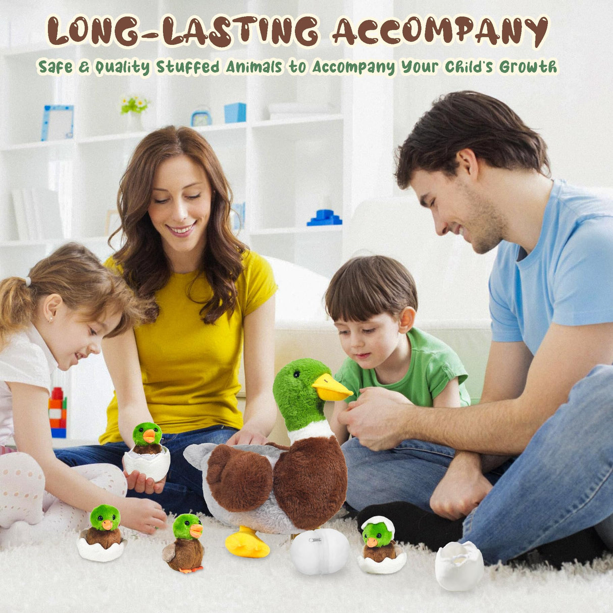 7 in 1 Mallard Duck Stuffed Animals Duck Plush Toys, 12" Zipper Mommy Stuffed Ducks with 4 Baby Ducks Ducklings Toy Eggs Plushies Pillow for Kids Birthday Christmas Surprise Gifts Farm Party Decors