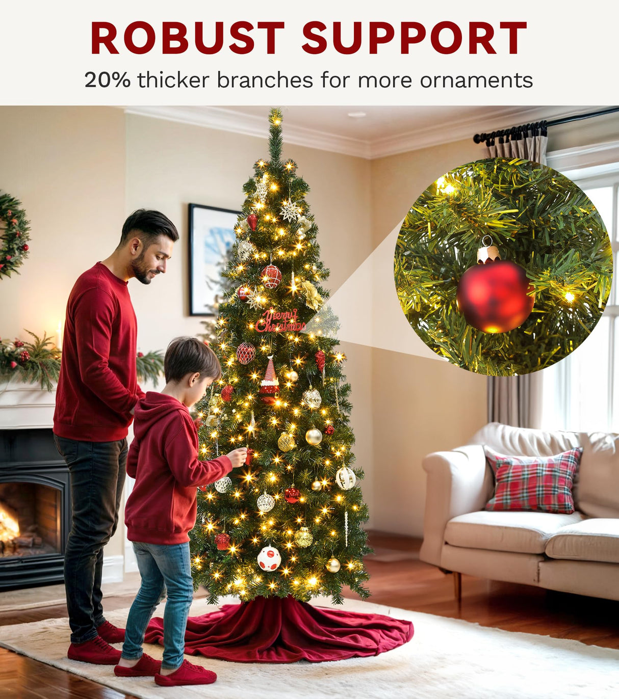 DWVO 7.5 FT Pre-Lit Slim Pencil Fraser Fir Artificial Christmas Tree with 350 Lights and 1000 Branch Tips, Green