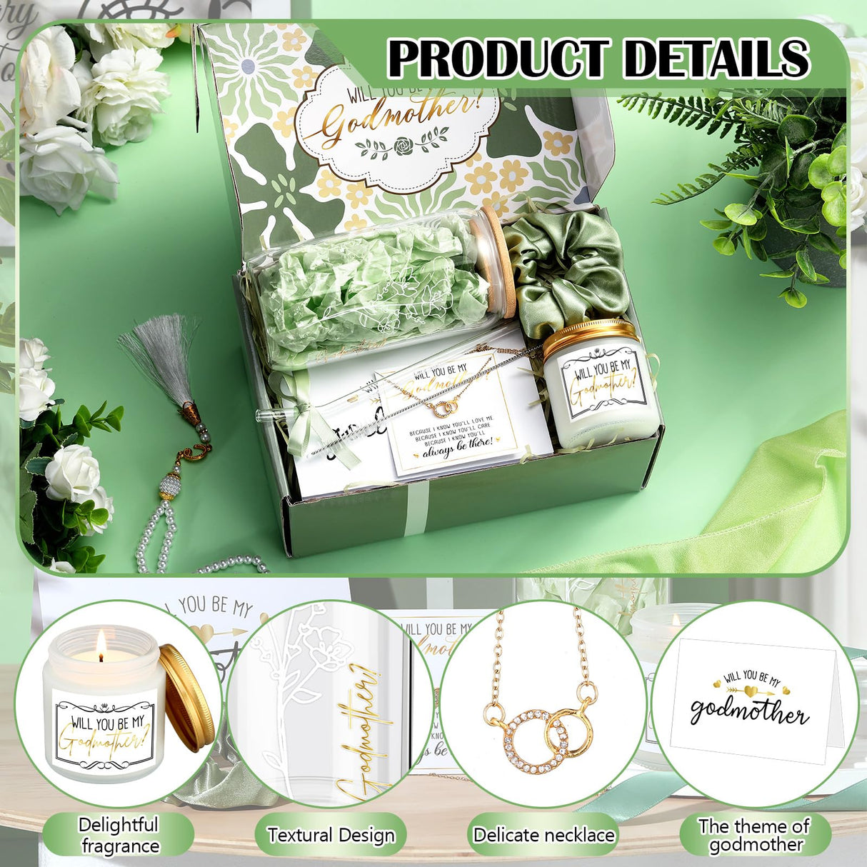 Singhoow 6 Pcs Godmother Proposal Gift Set Will You Be My Godmother 16oz Glass Cup Necklace Scented Candle Gift Box from Godchild for Mother's Dayy Christmas Birthday Baptism(Sage Green)