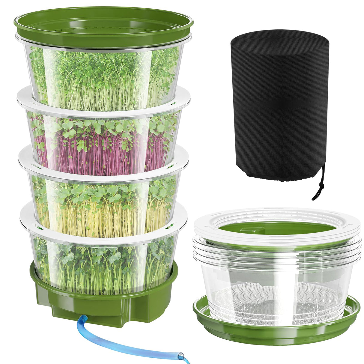 4-Tier Sprouts Growing Kit with Drain Hose & Ventilation Holes, Stackable Microgreens Growing Sprouting Trays Including Blackout Cover, Soil-Free Sprouter for Planting Broccoli Alfalfa Bean Seeds