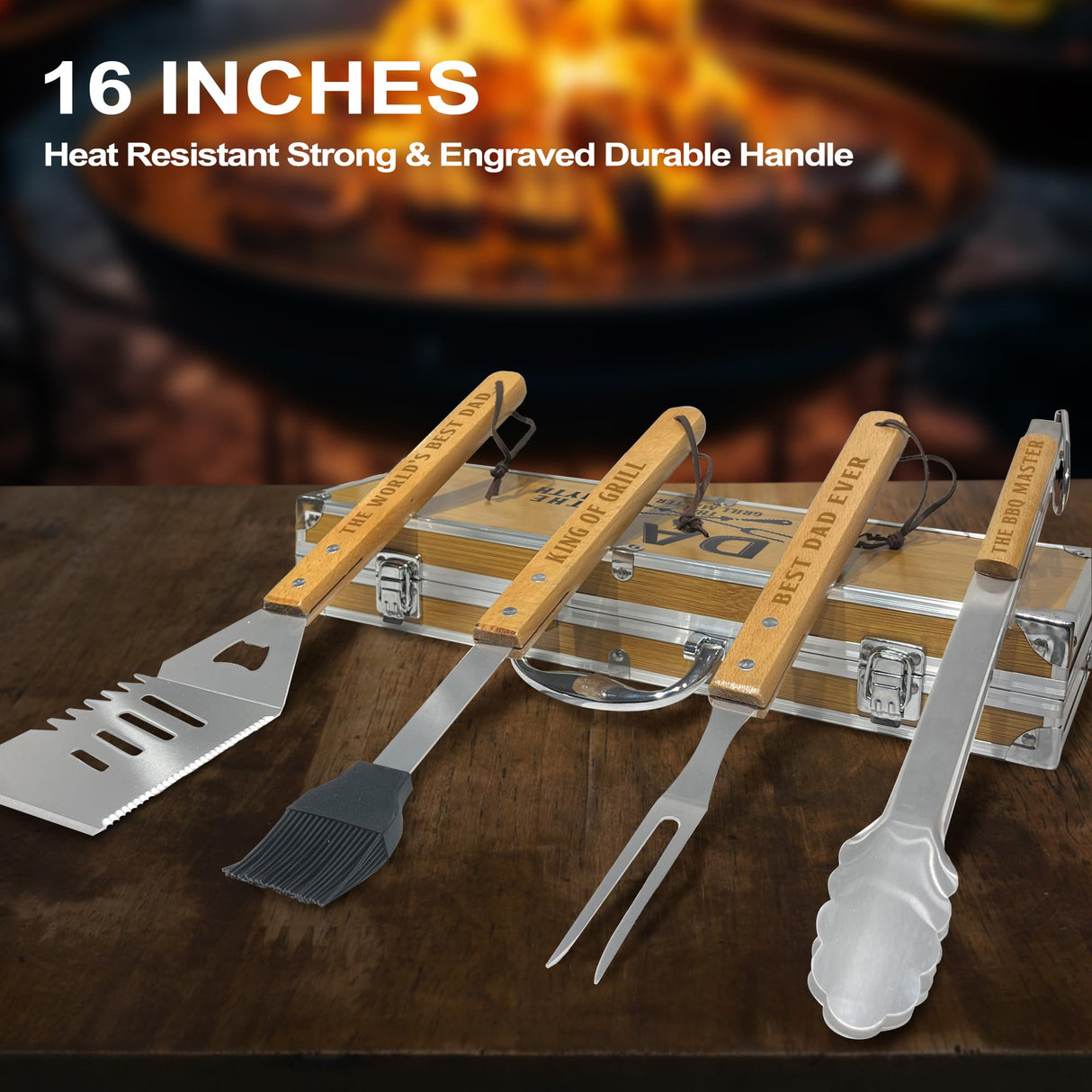 Dad Birthday Gifts from Daughter Heavy Duty Wooden BBQ Grilling Accessories Kit for Backyard, Thick Stainless Steel Grill Utensils with Non-Slip Handle Tools in Portable Bag Christmas