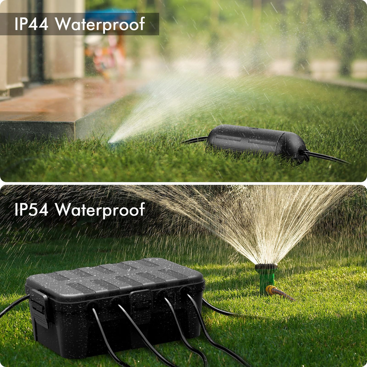 RESTMO IP54 Extra Large Outdoor Box w/ 6 Cable Seal Entry, Bundle w/ 4 Small Weatherproof Extension Cord Safety Cover, Protect Power Strip, Timer Outlet Plug, Christmas Decoration, Black.