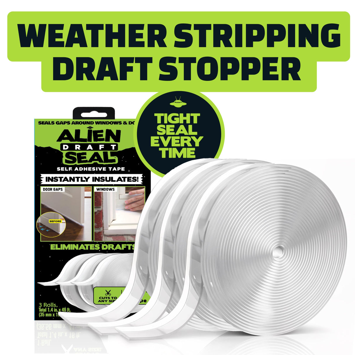 Alien Draft Seal Set of 49 Feet Anti-Draft Adhesive and Flexible Flap to Seal Gaps Around Doors and Windows As Seen On TV