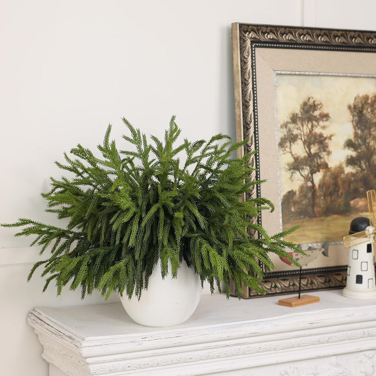 Juxdp 20 Pcs Real Touch Norfolk Pine Branches, Artificial Christmas Green Plants Branch Faux Greenery Stem Fake Pine Picks for Vase DIY Crafts Garland Wreath Xmas Indoor Outdoor Decor(18 Inches)