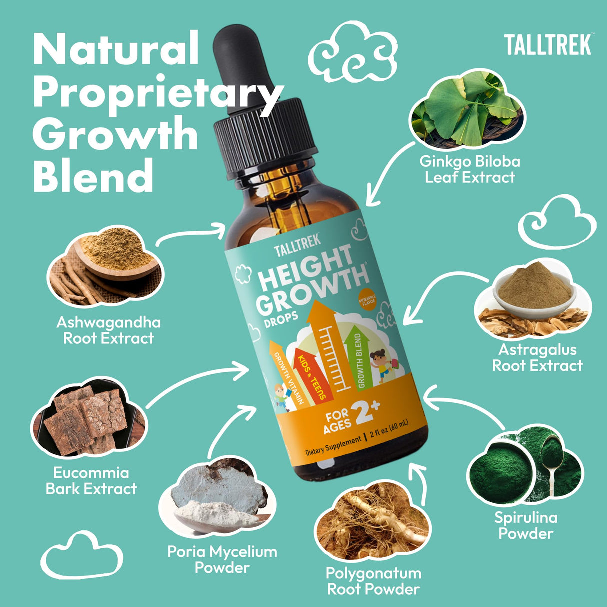 TallTrek Height Growth Supplement Drops for Kids - Teens Bone Growth Height Increase and Maximizer Immune Health Drops with Vitamins D3 K2 Zinc & Calcium - Gluten Free Vegan Pineapple Flavor