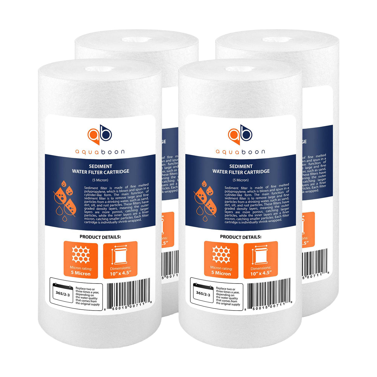 Aquaboon 5 Micron 10 x 4.5 Well Water Sediment Filter Replacement Whole House Water Filter Cartridge Compatible with DGD-5005, WFHD13001B, 4-Pack