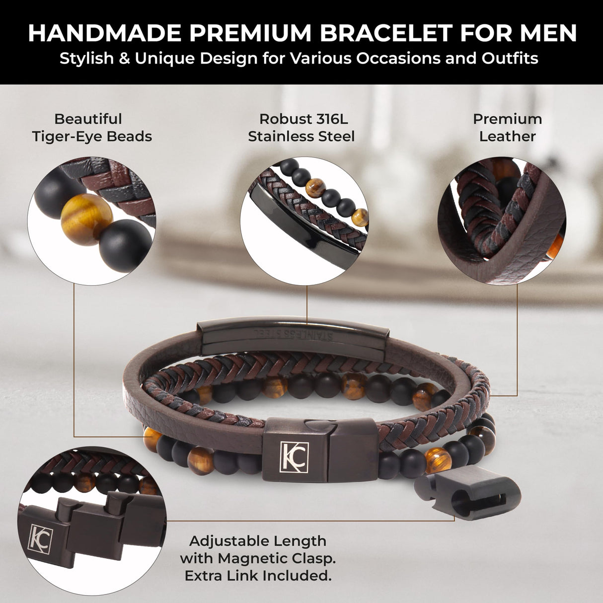 Premium Men’s Bracelet | Leather Bracelet for Men | Beaded Bracelets Black Onyx & Tiger-Eye Beads | Brown Leather Jewelry with Adjustable Stainless-Steel Clasp | Gift Dad Husband Son Boyfriend